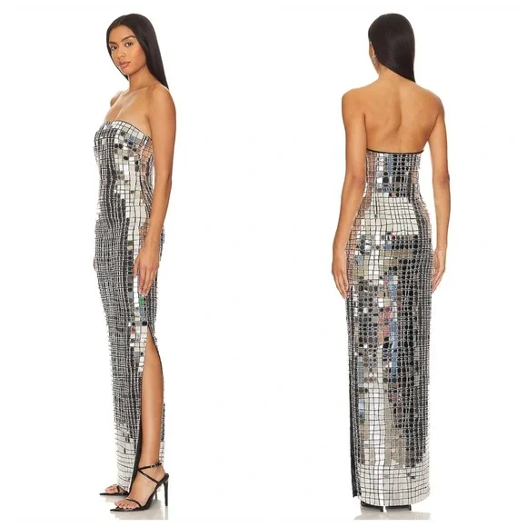 Retrofete Strapless Bodycon Metallic Imani Dress Evening Gown Silver XS - Picture 4 of 16